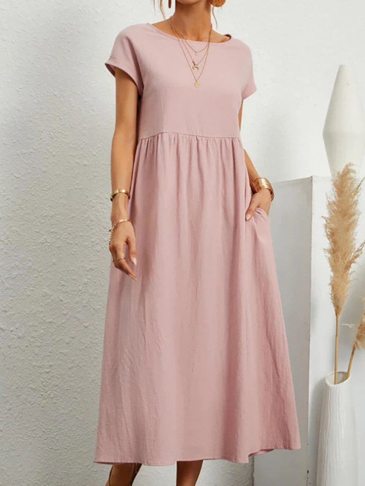 Элегантное однотонное платье макси женское винтажное с коротким рукавом летний