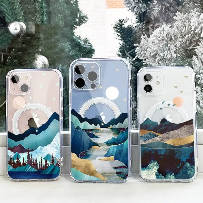 

paint landscape Phone Case For iPhone 13 12 11 Mini Pro Max transparent Super Magnetic MagSafe Cover