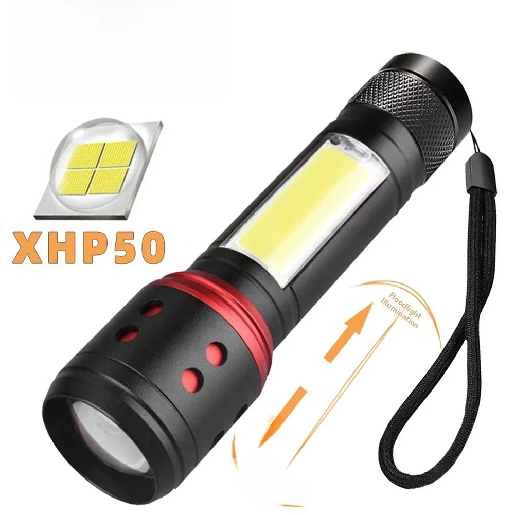 Фото Фонарь с регулируемой яркостью XHP50, фонарик для кемпинга, пешего туризма, USB-порт для зарядки, встроенный литиевый аккумулятор, три режима освещения №3