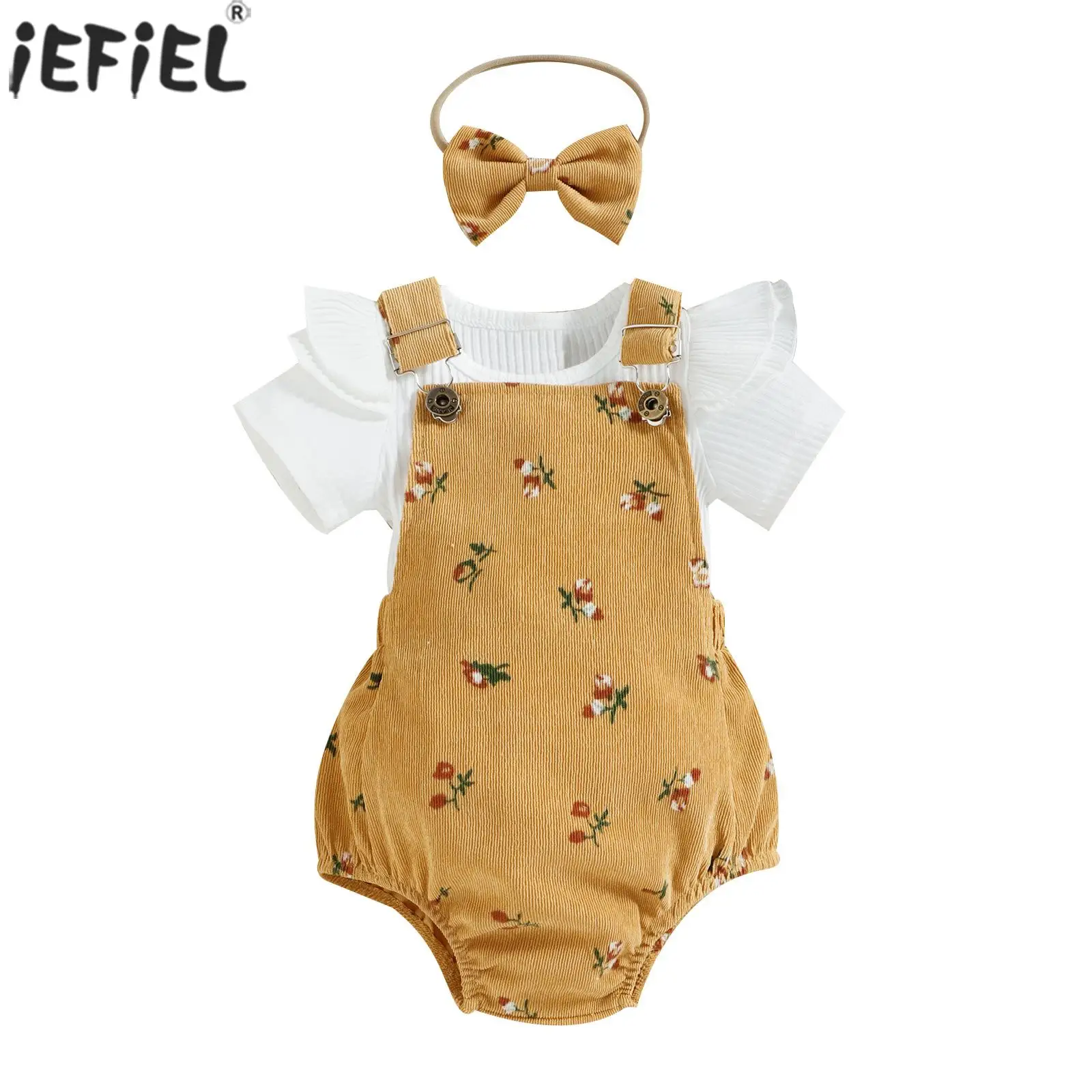 

Infant Baby Girls Summer Cute Clothing Short Sleeve Round Neck Ruffle Shoulder Top with Adjustable Suspender Romper And Headband