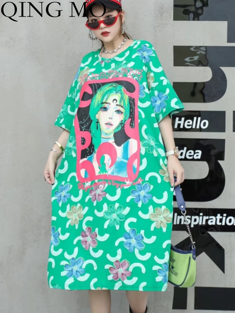 

QING MO 2023 Summer Fashion Flower Cartoon Print T-shirt Casual Dress Personalized Trendy Girl Loose Mid Length Dress ZY149A