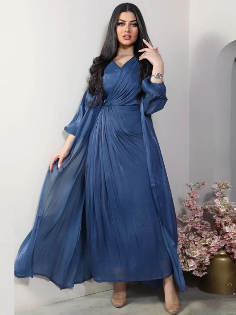 Two-Pieces Kimono Abaya Dress Set for Women Fashion Soft Bright Silk Satin Dubai Turkey Robe Corban Eid Al Adha 2023