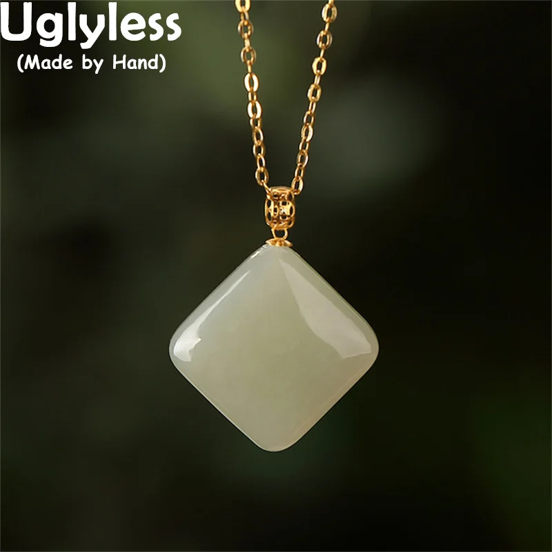 

Uglyless 100% Real 18K Gold G750 Luxury Square Gemstones Necklaces for Women Blank Jade Simple Fashion Square Pendants NO Chains