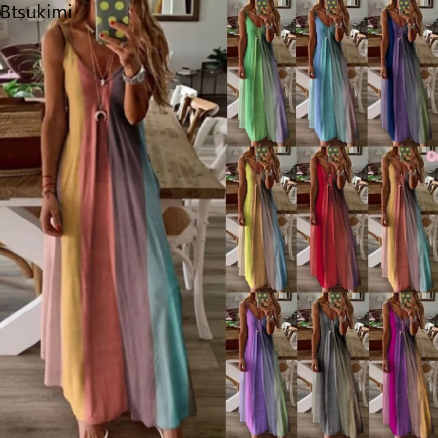 

Women Print Maxi Dress Summer Gradient Tie Dye Casual V Neck Sleeveless Dresses Plus Size Female Beach Dress Vestido De Mujer