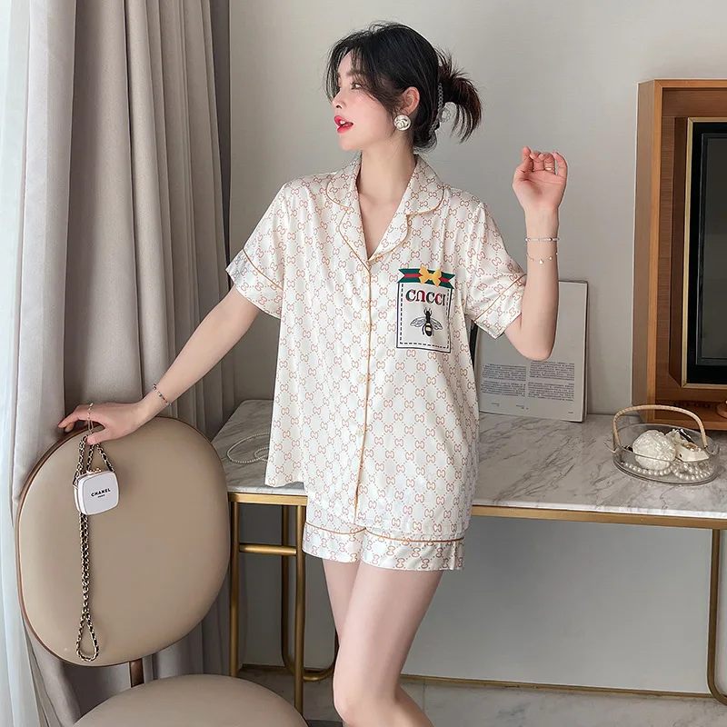 PICKBIRD 2022 New Ice Silk Couple Pajamas Men's Spring Summer Silk Thin Pajamas Ladies Sweet Homewear Set