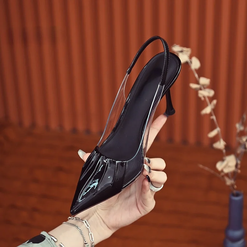 

Women's Casual Wrap Back Hollow Thin Pleated Transparent Sandals 2023 Summer New Fashion Pointed Toe Slim Heel High Heel Shoes