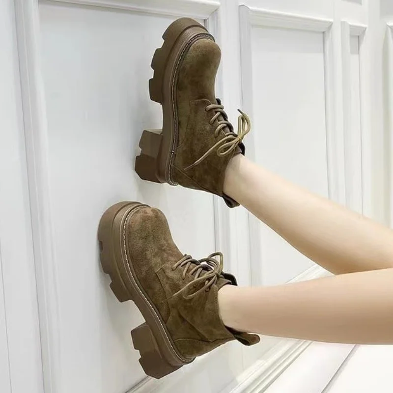 Flats Women's Boots Fall Boots Women's Round Lace Up Ankle Lolita Rock Ladies Retro Basic Solid Salad Women Boots Botas Mujer