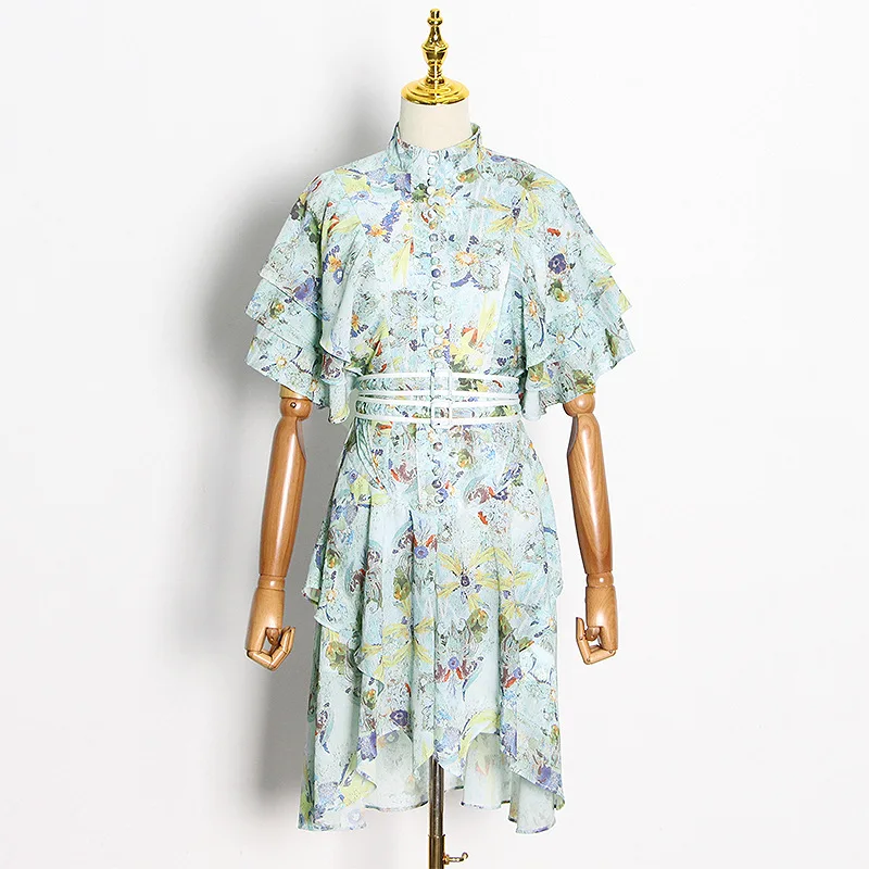 2022 Spring New Fashion Graceful Stand Collar Waist Trimming Printing Hem Irregular Short Dress 28181