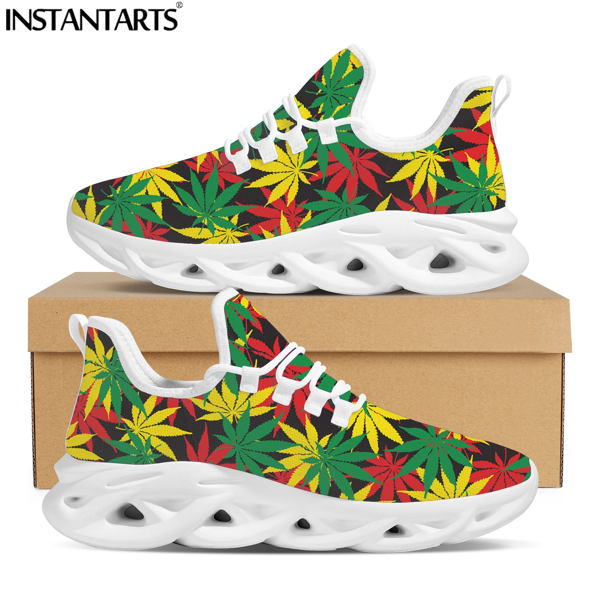 

INSTANTARTS Colorful Weed Leaves 3D Print Women Mesh Swing Sneakers Casual Lace Up Platform Flat Female Light Elastic Zapatillas