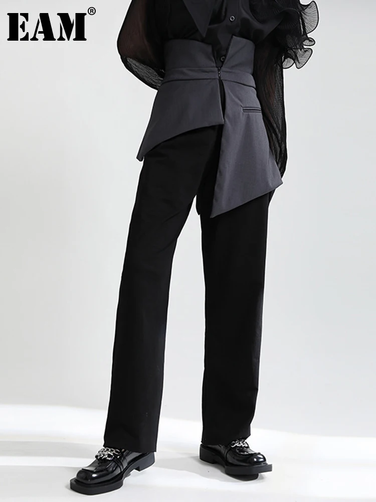 

[EAM] Черные Серые Необычные Длинные широкие брюки с высокой талией, новые свободные женские брюки, модные весенне-осенние 2023 1DE4304