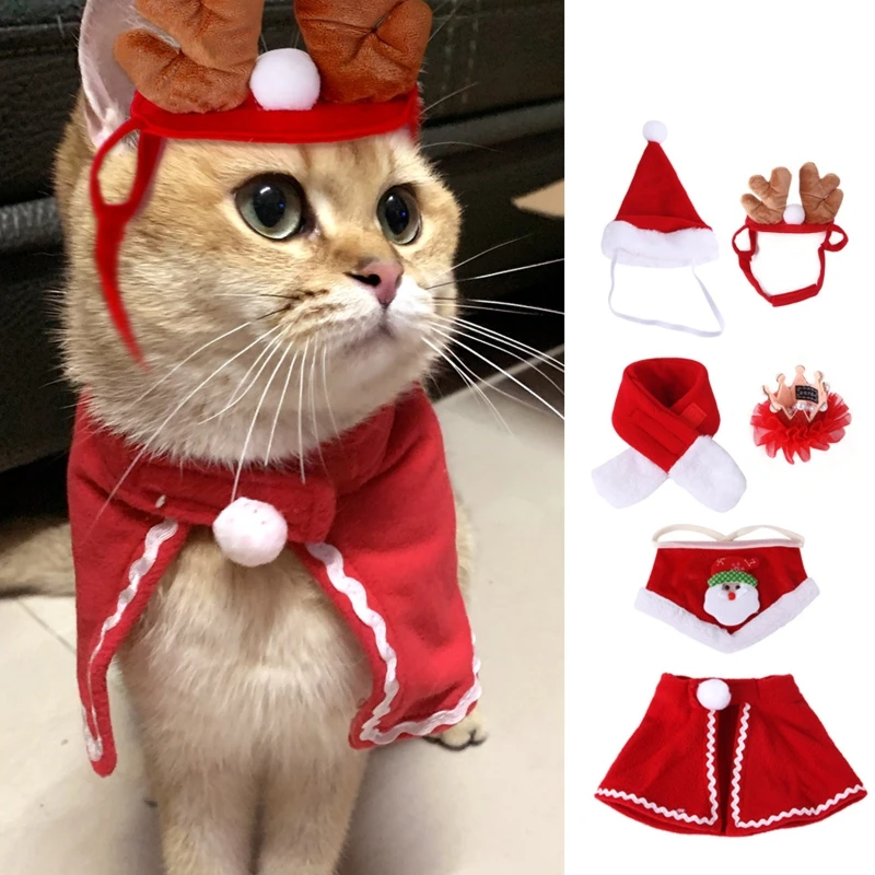 

6pcs Holiday Dress Up Accessories Christmas Costume Clothes Adjustable Cloak Red Xmas Hat for Cats Small Sized Dogs