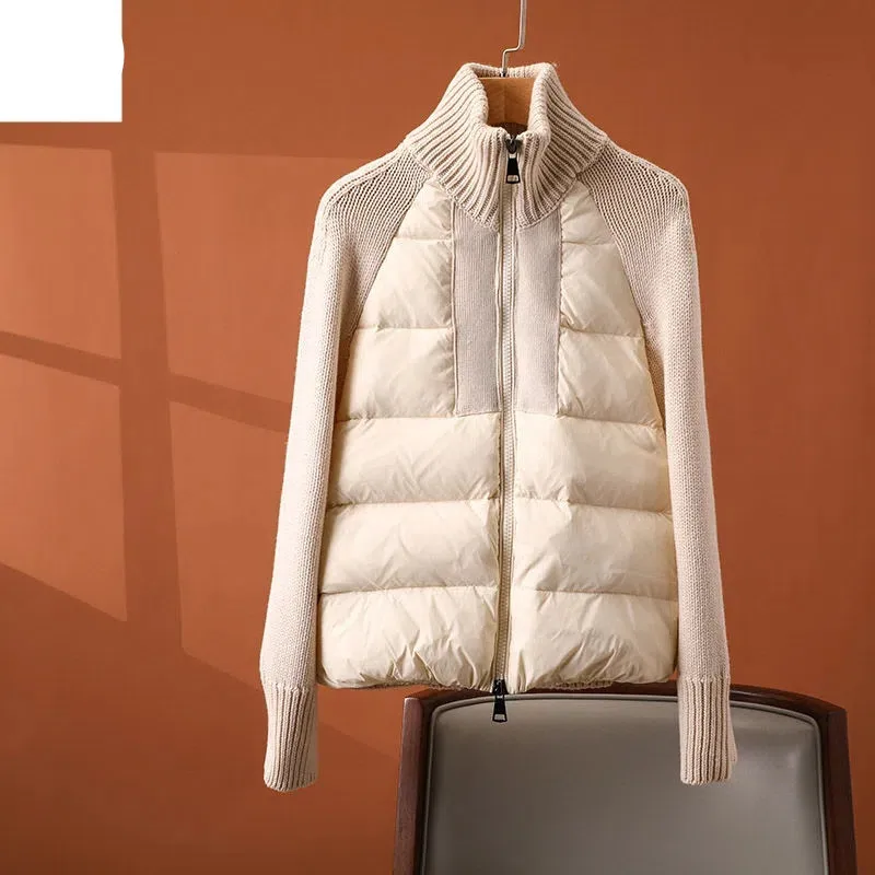

Autumn Winter Coat 2023 New Korean Fashion Patchwork Turtleneck Knitting Sweater Short Down Cotton Jacket Women Manteau Femme