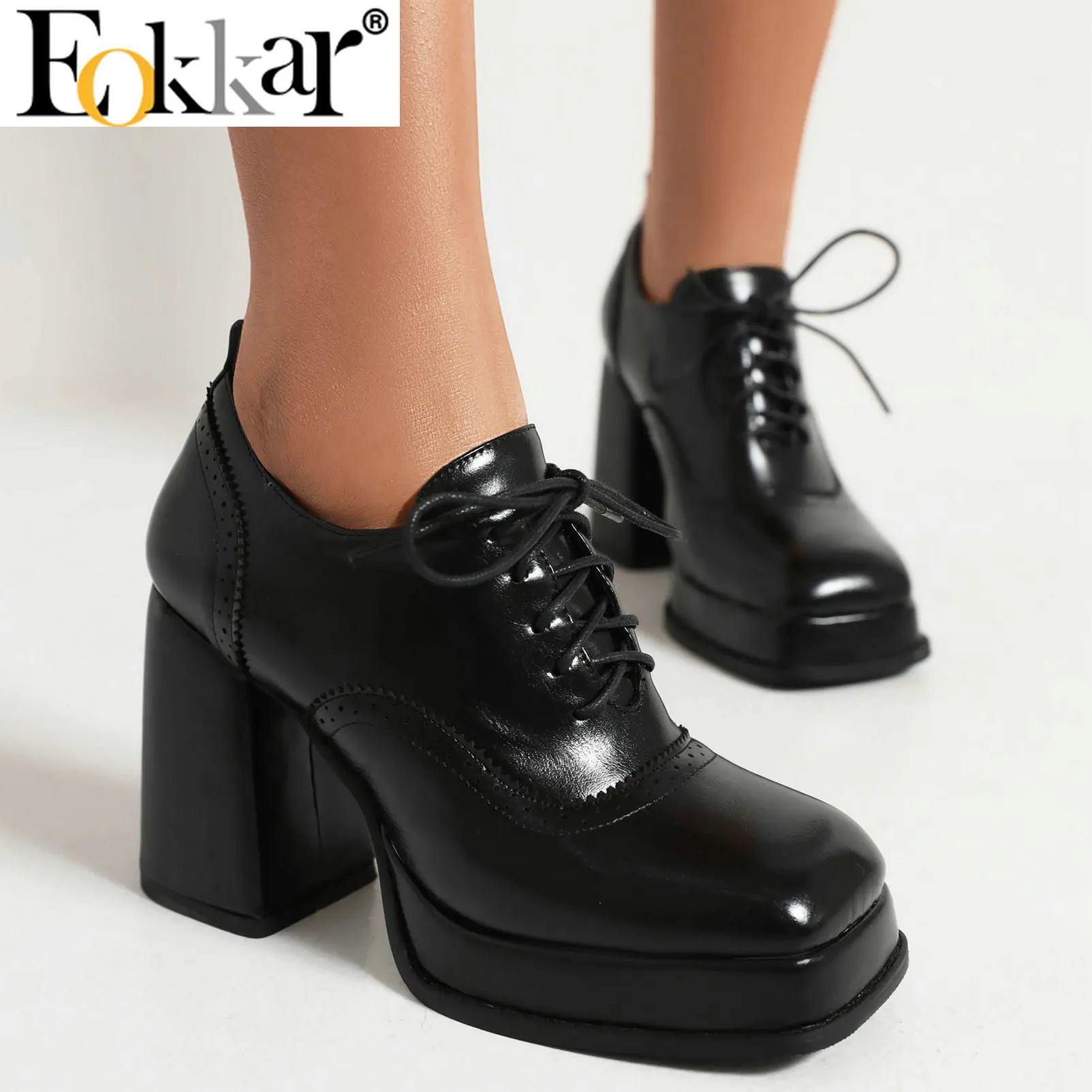 Eokkar Women Platform Oxford Lace Up Shoes for Women Square Toe Block High Heel Wingtip Shoes for Ladies Chunky High Heel Shoes