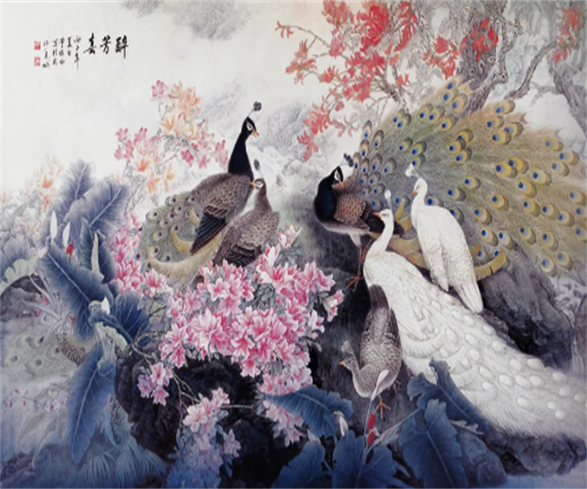 

Customized 3D arbitrary size wall painting stickers color ink flower and bird painting peacock magnolia background wall sticker