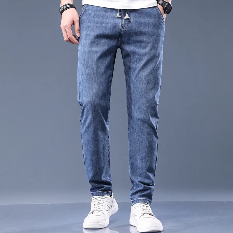 

Jeans Men's Summer Thin Korean Style Trendy Trousers Elastic Waist Loose Casual Pants Men