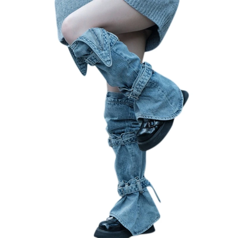 

Гетры женские джинсовые в стиле Харадзюку, готические бандажные длинные носки до колена в стиле панк-рок, с застежкой-пряжкой, уличная одежд...