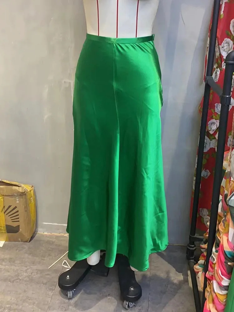 

Zevity Women Fashion Green Color Soft Touch Satin A Line Skirt Faldas Mujer Ladies Chic Side Zipper High Waist Vestidos QUN970