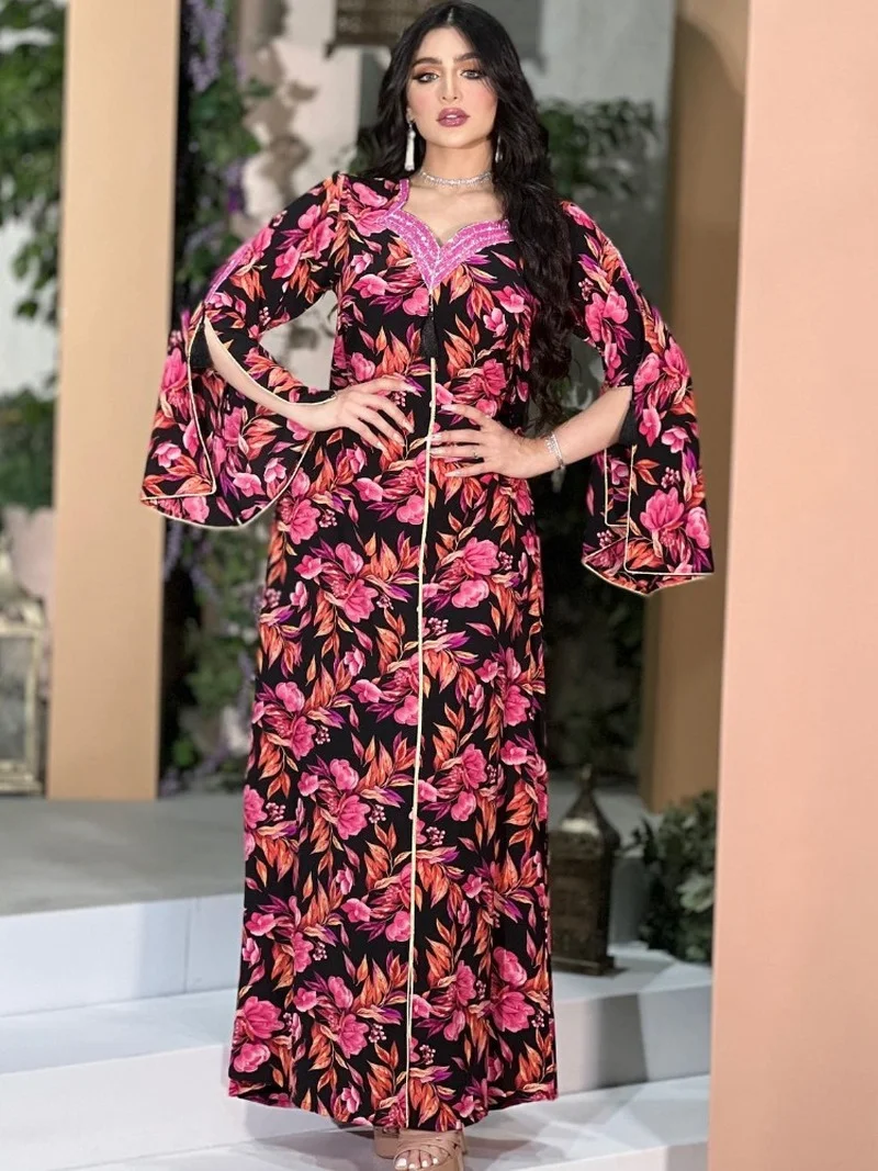 Autumn Dresses Women Muslim Abaya 2022 V-Neck Split Sleeve Print Rhinestone Beaded Morrocan Kaftan Party Dress Muslim Clothing