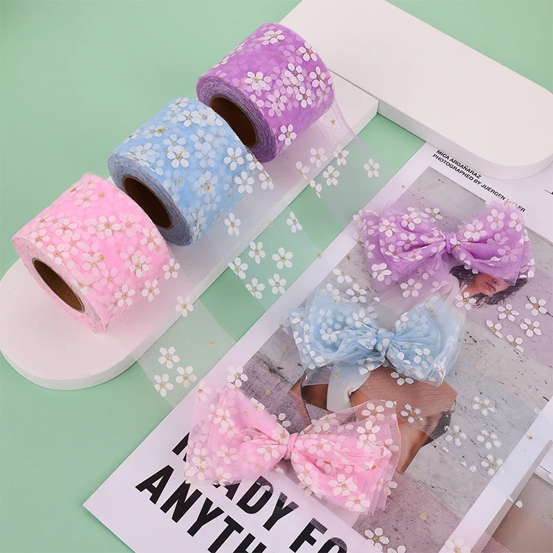 

8cm 5Yards Floret Tulle Gold Dot Ribbon Roll DIY Handmade Craft Hair Ornament Baking Plum Blossoms Printed Mesh Fabric Supplies