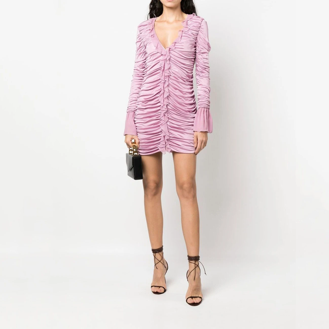 

Женское платье с оборками и длинным рукавом, розовое элегантное платье с глубоким V-образным вырезом, y2k, 2023