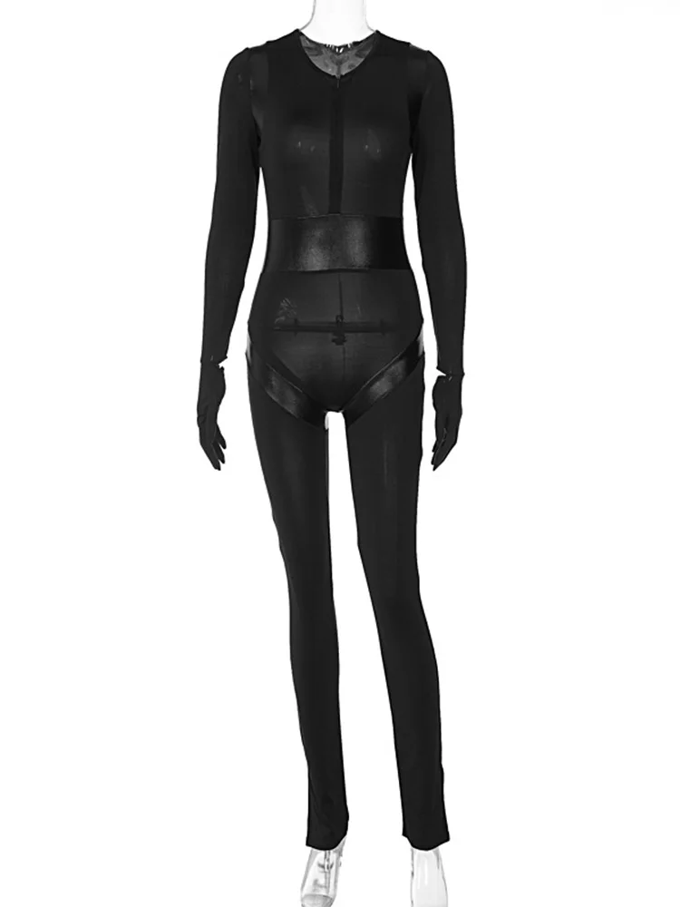 Silm Fit Soild Sexy Jumpsuit For Women Clothes Zipper Splicing One Piece Outfit Black Rompers Streetwear Long Sleeve Playsuit