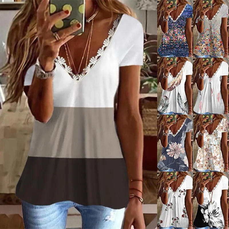 

Summer Hole Women Plus Sizes Off Shoulder Large Big Casual Loose Sexy Lace V Neck Printed Vintage T Shirts Tops