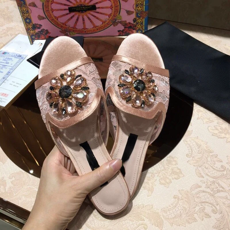 Women's Slippers 2023 Summer New Round Head Lace Low Heel Mesh Breathable Fashion Crystal Rhinestone Flat Heel Open Toe Slippers