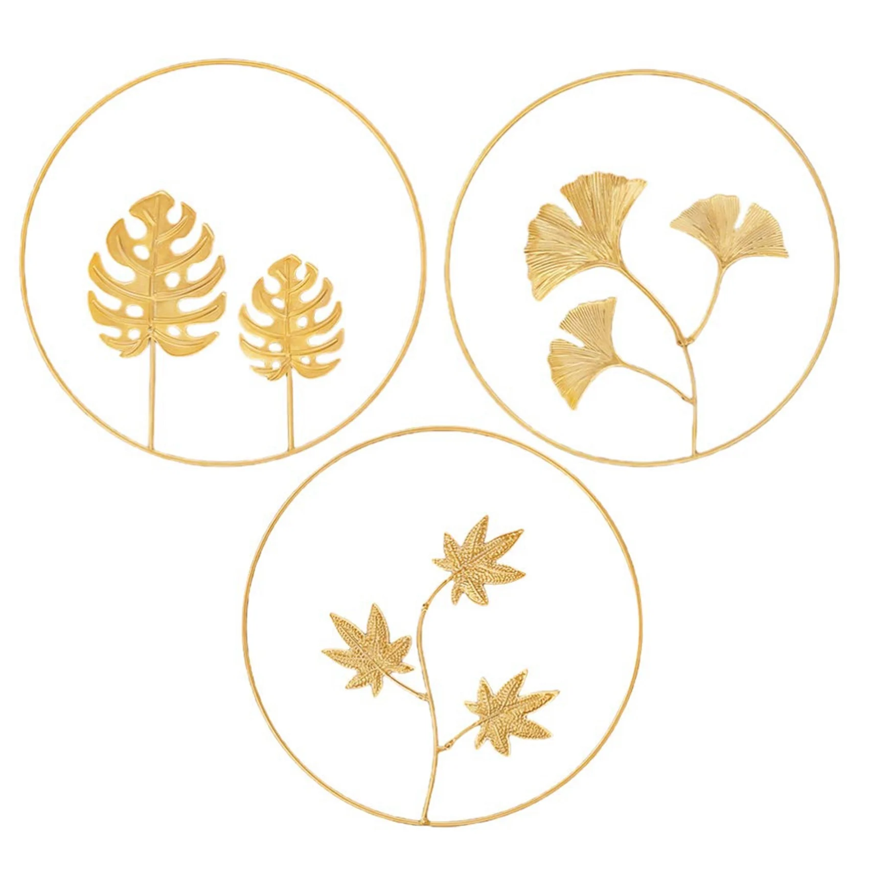 

3Pcs Metal Wall Sculptures Round Leaves Wall Figurine Nature Ginkgo Biloba Art Hanging Ornament for Home Hotel Decor