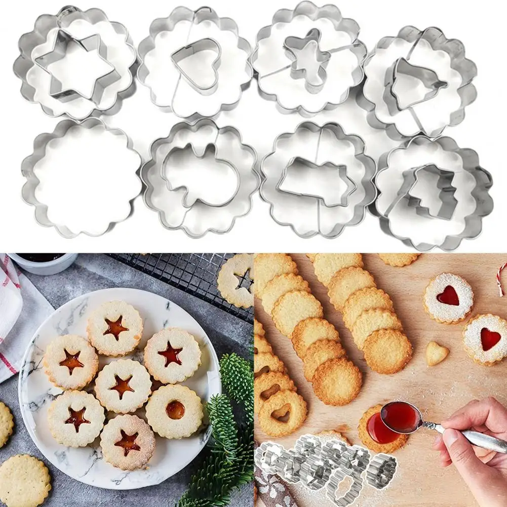 

8Pcs Christmas Cookie Molds Easy to Clean Non-stick DIY Stainless Steel Hollowed Heart Star Biscuit Cutters for Kids