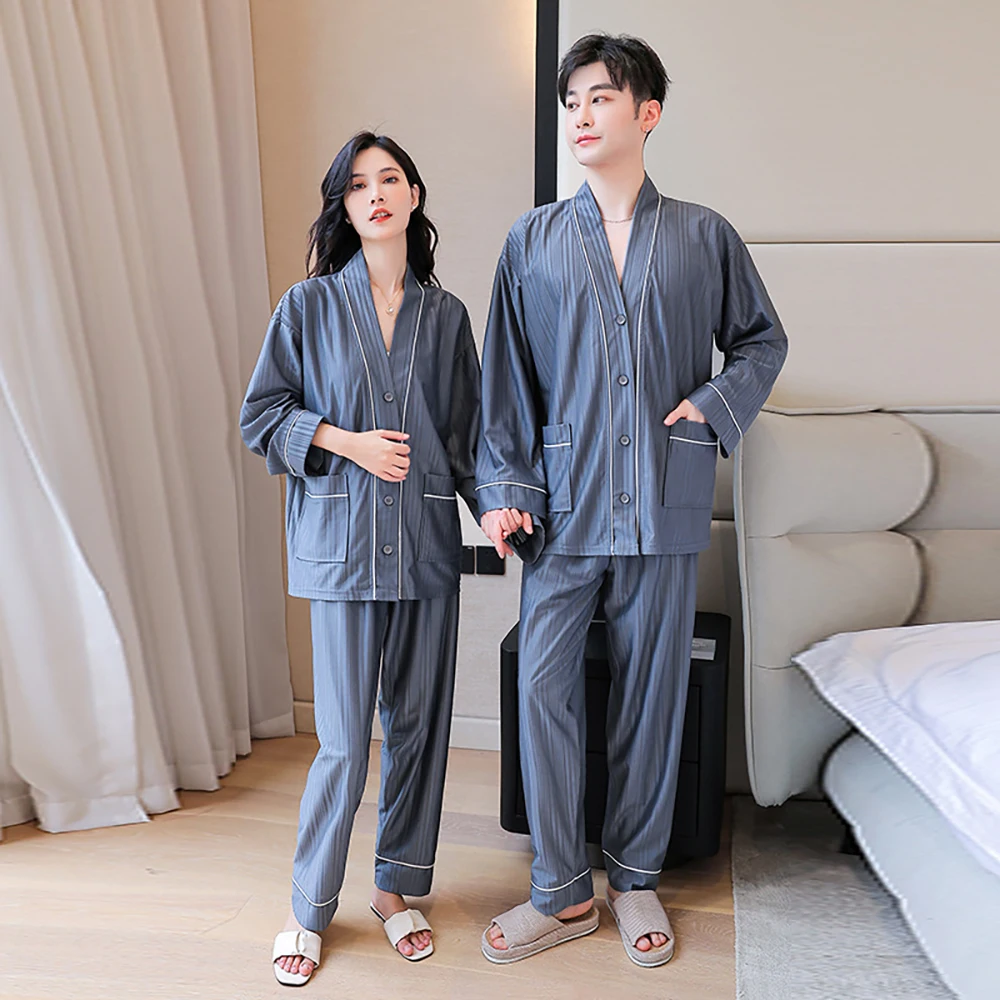 Spring Summer Ice Silk Pajamas For Couples Man Casual Loose Long Sleeve Buttons Pijama Breathable Comfortable Women's Sleepwear