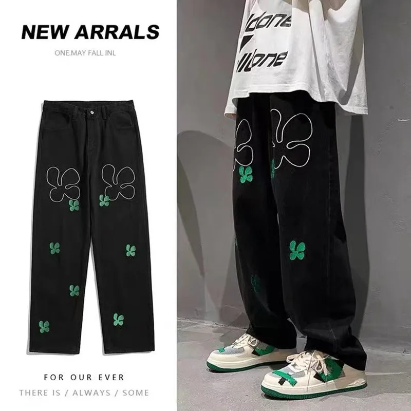 2022 New Fashion Letter Embroidery Baggy Men Wide Jeans Trousers Hip Hop Straight Korean Casual Denim Pants Luxury Moda Hombre
