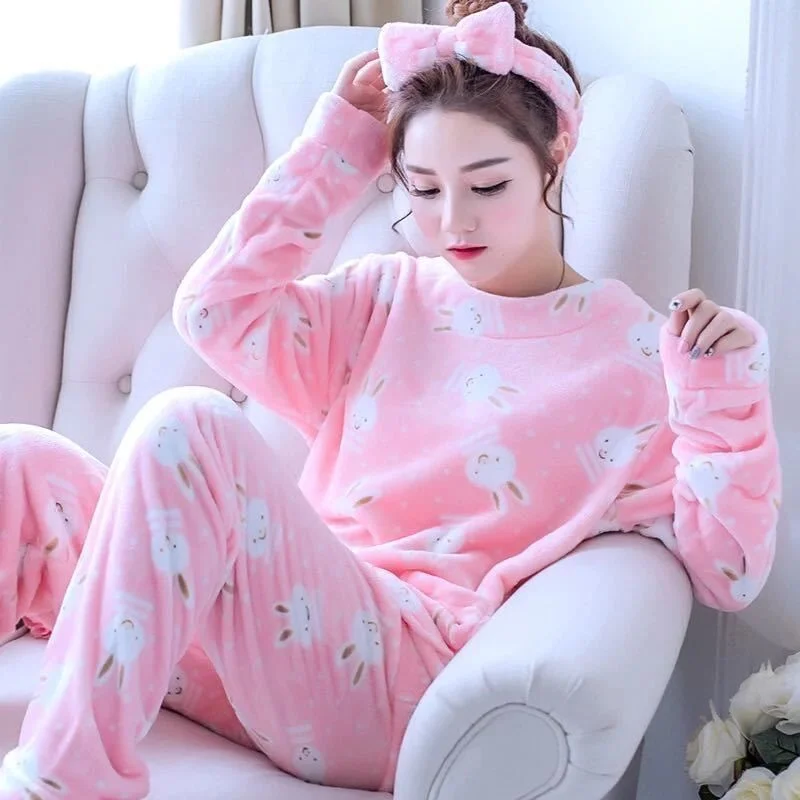 Pajamas Set Casual Sleepwear For Women Full Sleeve Sweet Pyjama Women's Fashion Soft Flannel Homewear Big Size