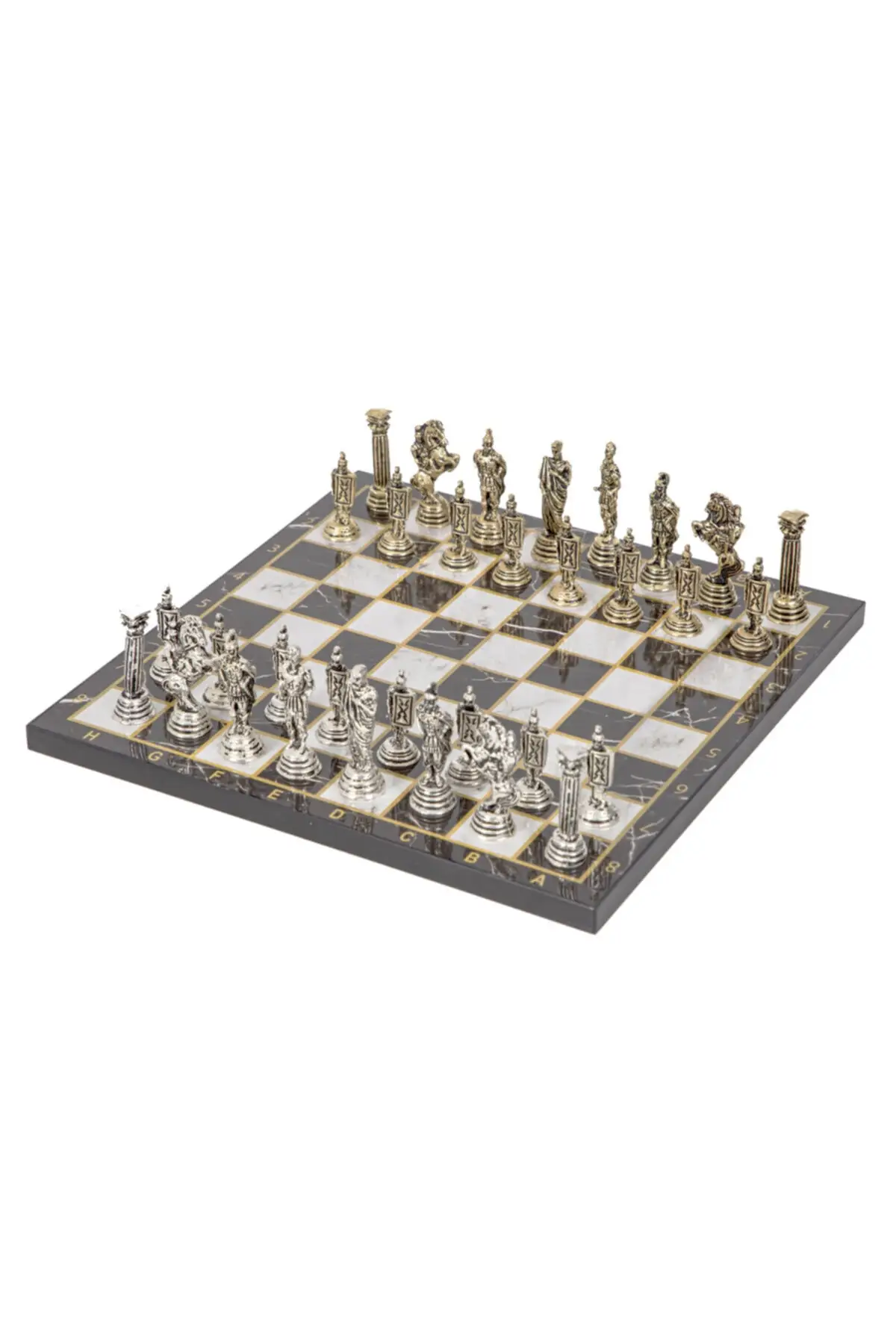 

ESRMK3 Luxury Metal Chess Set Chrome Plated Roman Soldiers & Black Marble Pattern Board