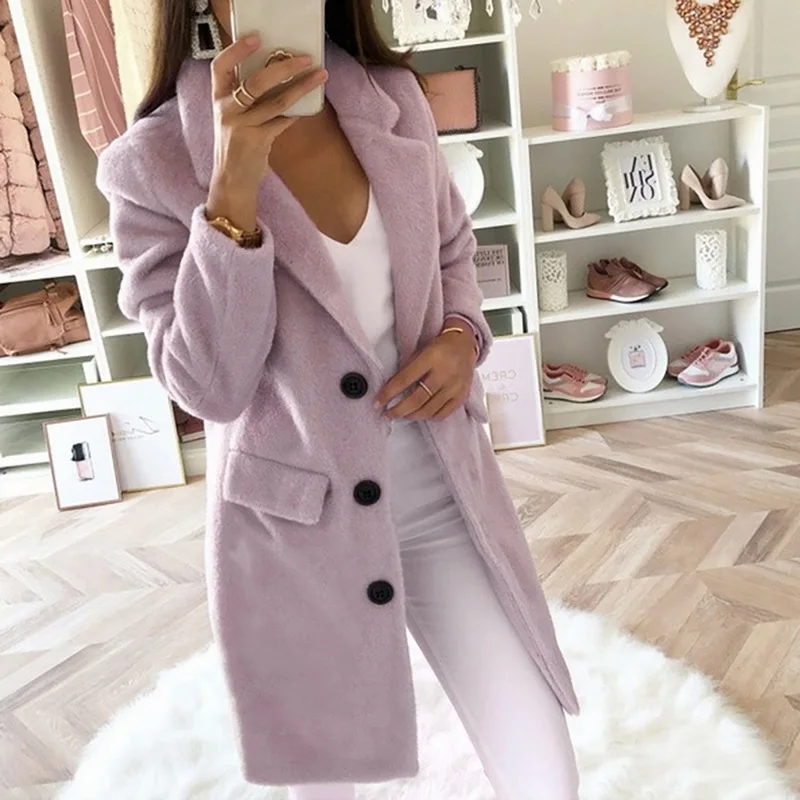 

Autumn Long Woolen Coat Women Turn Down Collar Solid Color Coat Button Casual Lady Slim Elegant Blends Outerwear Clothes 2021