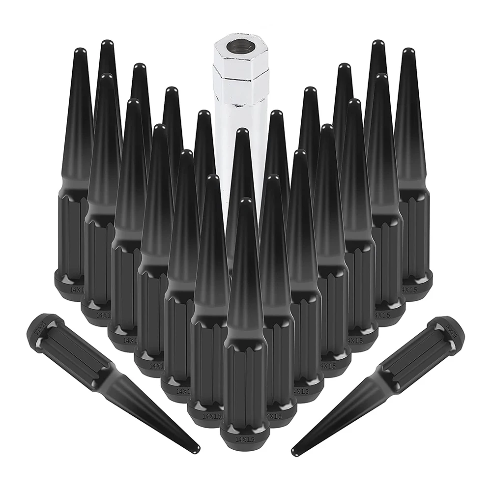 

M14X1.5 Wheel Spike Black Lug Nuts, with 1 Socket Key for Chevy Silverado 1500 2500 3500, F-150 F-250 F-350 (Pack of 24)