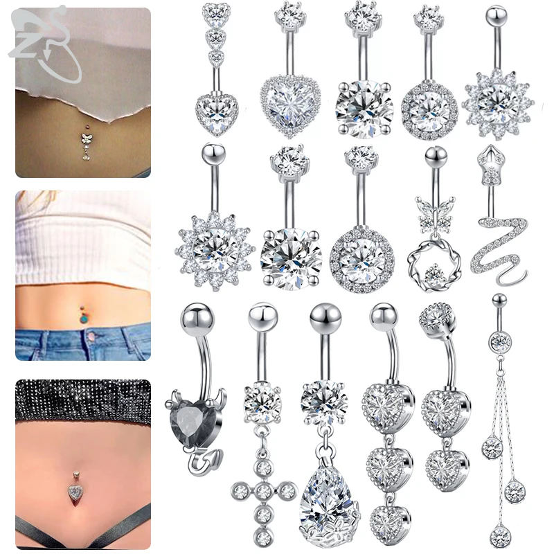 

ZS 1PC 14g Silver Color Belly Button Ring Snake Heart CZ Crystal Pendant Navel Ring 316L Stainless Steel Dangle Navel Piercing