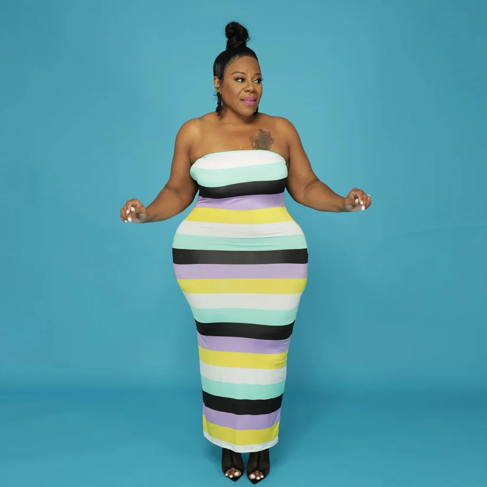 Plus Size Sets Striped Colorful Long Sleeve Long Coat and Wrapped Breast Skirt Slim Two Piece Set Women Dresses for Women 2022