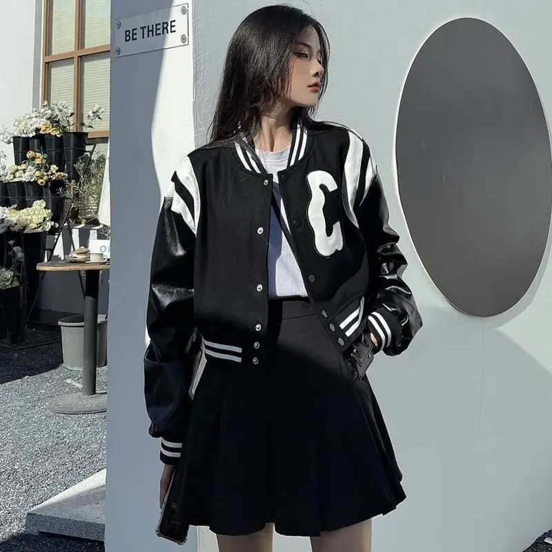 HOUZHOU Black Baseball Jacket Women Autumn College Leather Patchwork Gothic Long Sleeve Loose Cropped Jacket Korean Streetwear