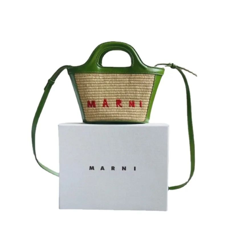 

Free shipping MARNI MARni new straw woven bag cowhide single shoulder oblique span hand women's vegetable basket casual