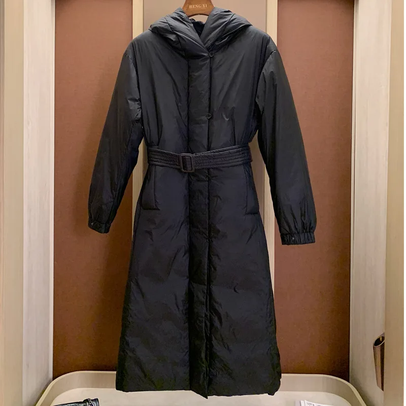 European and American high-end mid-length belt down jacket women's 2022 winter new temperament hooded white duck down jacket