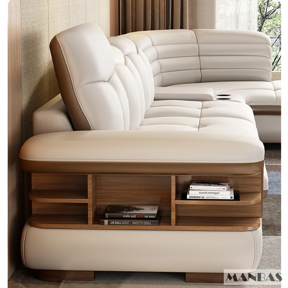 Роскошный L-образный секционный диван из натуральной кожи с Bluetooth-динамиком —