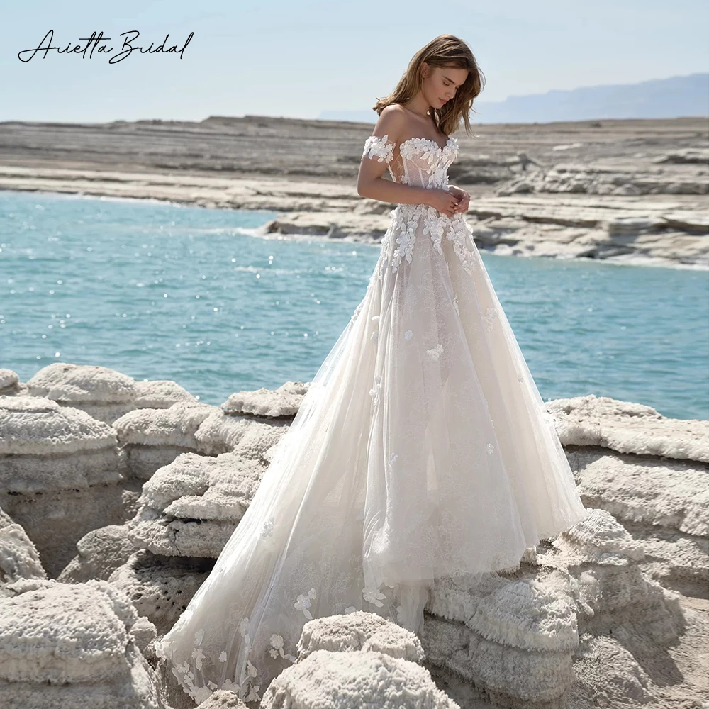 

Arietta Off the Shoulder Princess Wedding Dresses Sweetheart Flower Appliques A-Line Bridal Gowns Lace Beach Bride Dresses