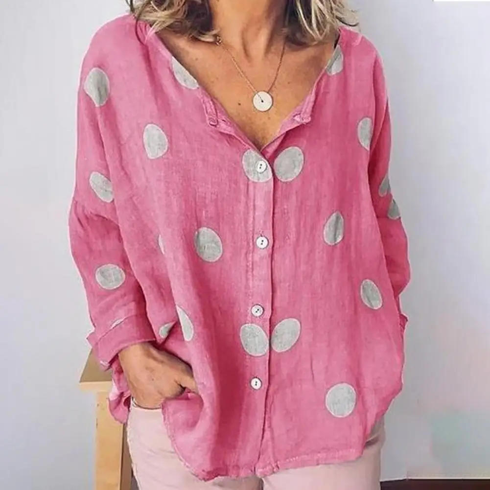 

Women Summer Top V-neck Single-Breasted Placket Loose Shirt Long Sleeve Dot Print Lady Shirt Top Female Clothing Streetwear