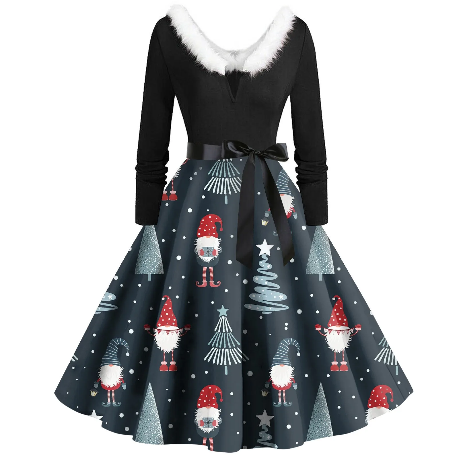 

Women'S Christmas Costumes Female Long Sleeve Fluff Fur Collar V Neck Christmas Party Vestidos Ladies Winter Print Dresses 2023