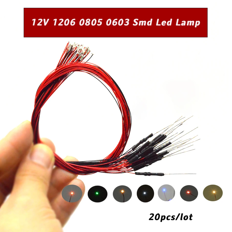 20pcs 12V 0805 1206 0603 Micro SMD Led Lamp Model Train DIY Model Making HO N OO Scale Pre-Soldered Micro Litz Wired Chip
