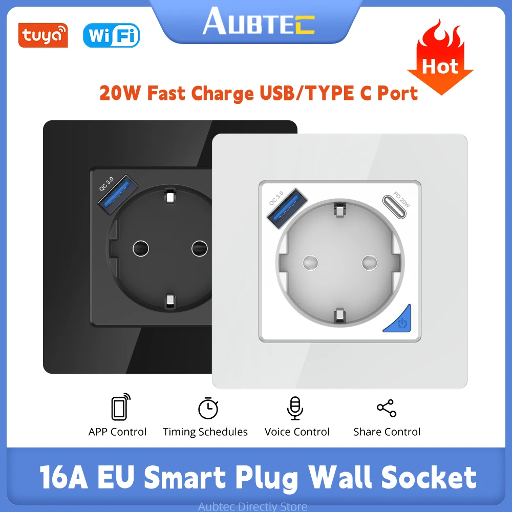 

Wifi Tuya Smart Socket EU 16A Wall Socket Plug USB Type C Port Voice Control Countdown Schedule Work With Alexa Google Home
