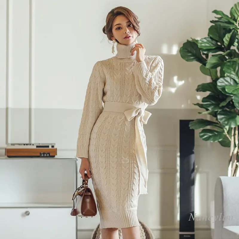

Mid-Length Apricot Knitted Dress for Women 2022 Autumn New Retro Turtleneck Twist Knitting Long Sleeve Winter Basic Dresses