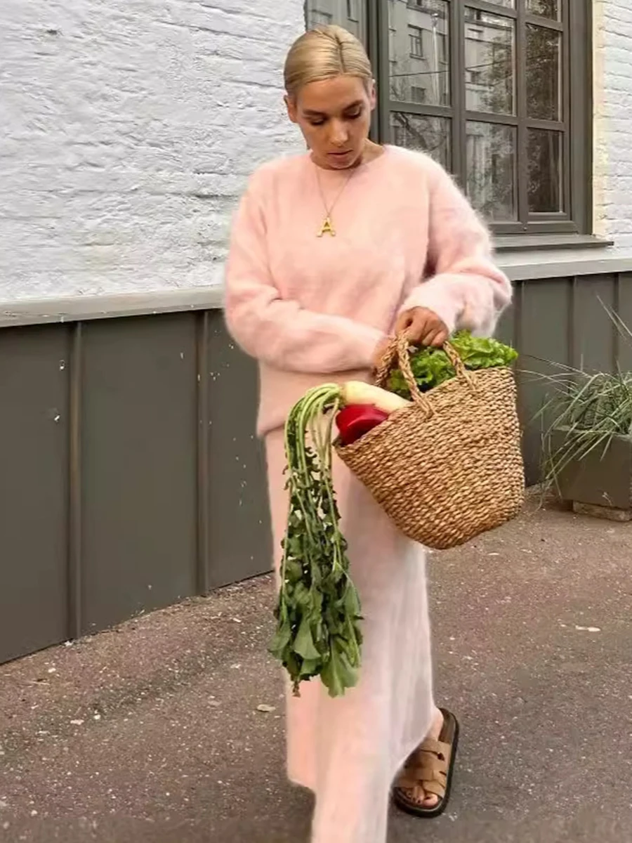 Осень-зима однотонный вязаный комплект из 2 предметов женский свитер с круглым