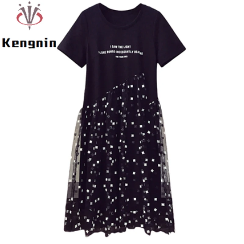 

New 2022 Summer Women's Dresses Plus Size 4XL Ladies T-Shirts Dress Vestido Mesh Patchwork Print Black Dress Female Robe KE2503