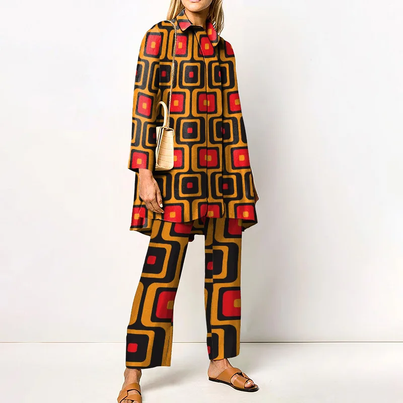 

Autumn Casual Women Sets Geometric Printed Long Sleeves Turn-down Collar Shirts Straight Pants Two Piece Suits Elegant Outfit